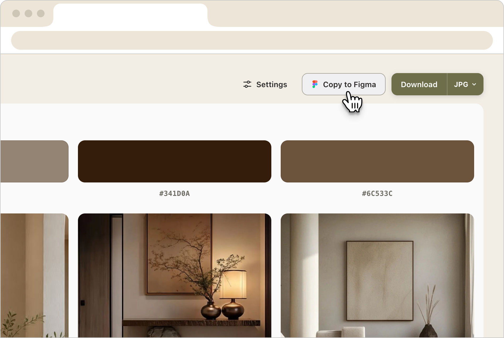 A Moodly board with a Copy to Figma button, extracted color palette, and interior images