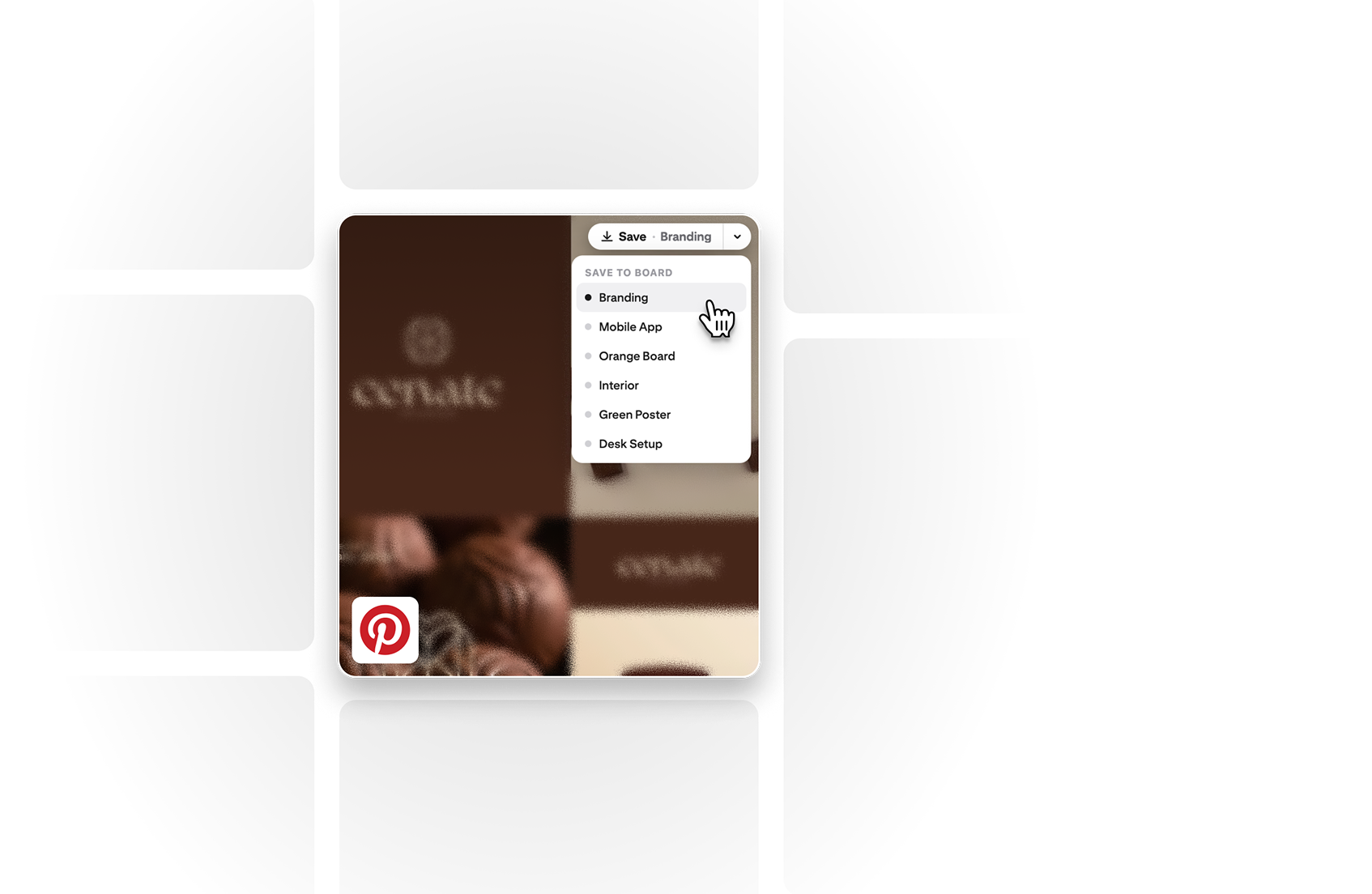 Moodly’s Save button and board picker appearing over an image while browsing Pinterest
